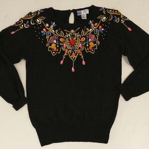 Vintage Jeweled Sweater 80s Bling Sparkle Bright Color on Black Party Glitter
